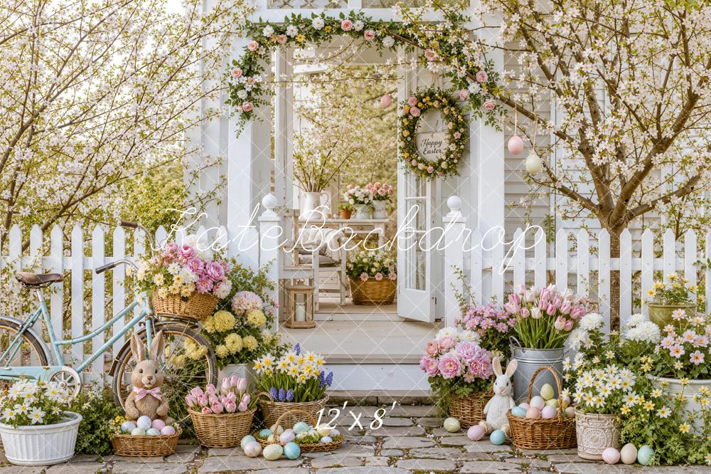 Kate Spring Easter Cherry Blossoms Garden Bunny Flower Porch Printed Backdrop Designed by Emetselch