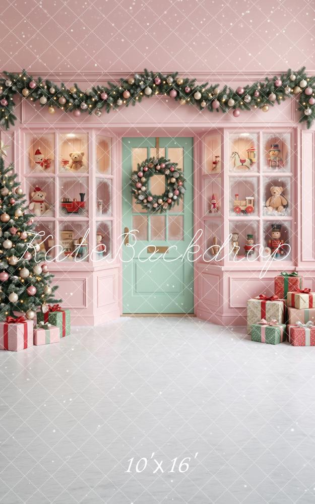 Kate Sweep Christmas Pink Toy Shop Garland Wreath Printed Backdrop Designed by Happy Squirrel Design