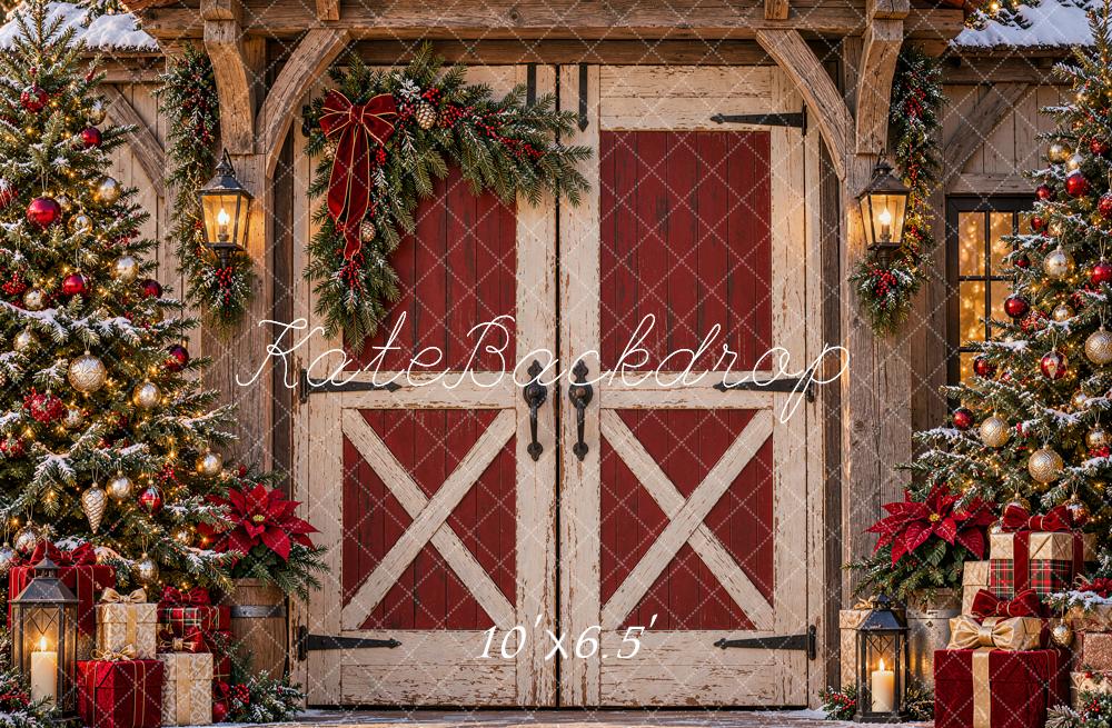 Kate Christmas Rustic Red Barn Door Christmas Trees Gifts Printed Backdrop Designed by Shutter Swan Studios
