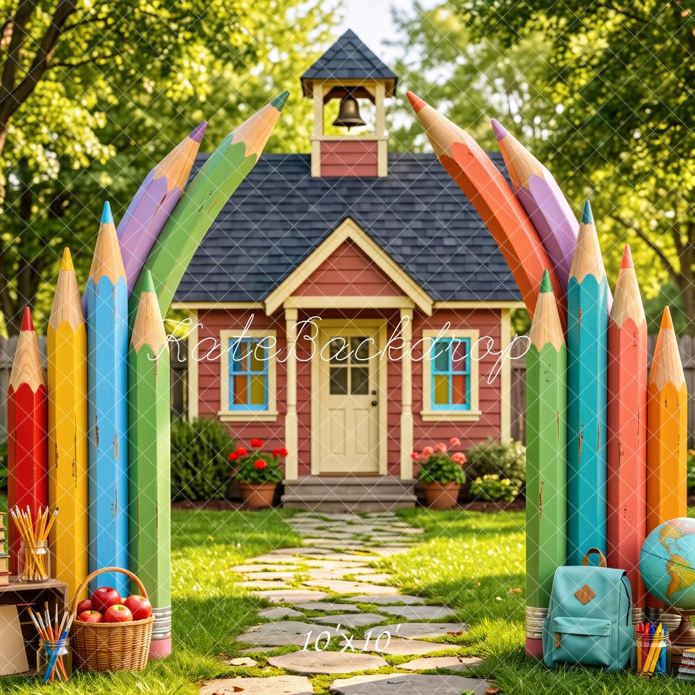 Kate Back To School Colored Pencils Schoolhouse Printed Backdrop Designed by Patty Roberts