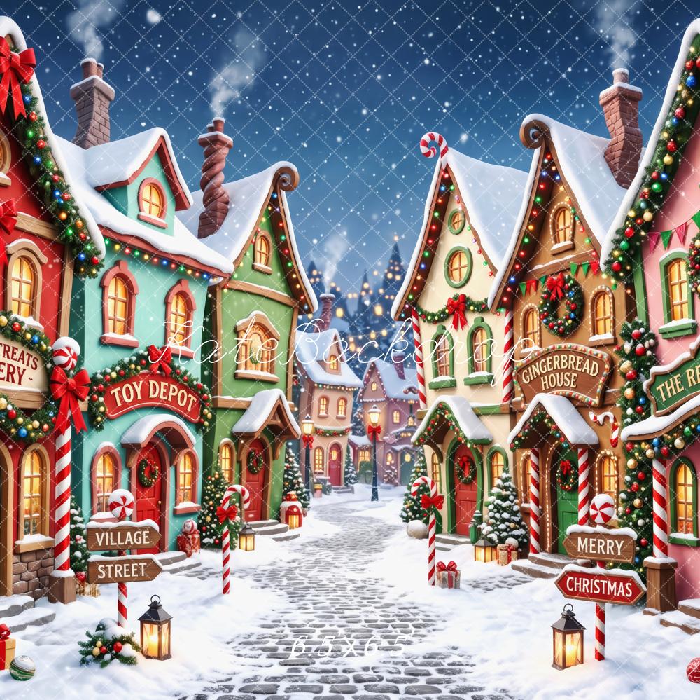 Kate Christmas Whimsical Snowy Village Street Candy Cane Garland Printed Backdrop Designed by Patty Roberts