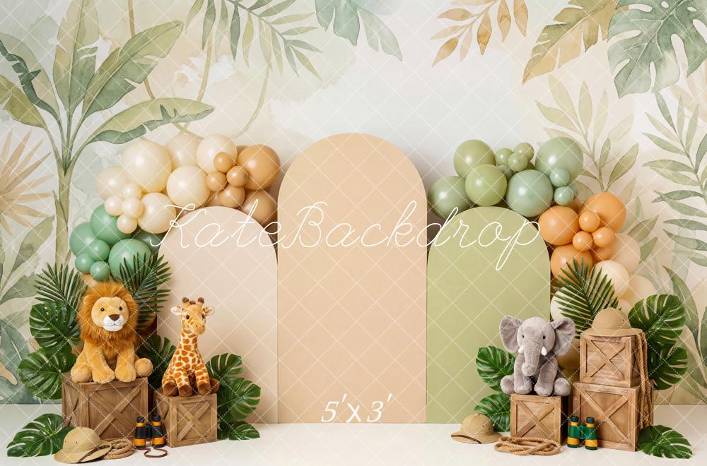 Kate Cake Smash Jungle Safari Animals Leaves Balloons Crates Printed Backdrop Designed by Patty Roberts