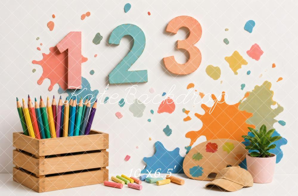 Kate Back To School Numbers Paint Splash Art Supplies Printed Backdrop Designed by Vertigo Productions