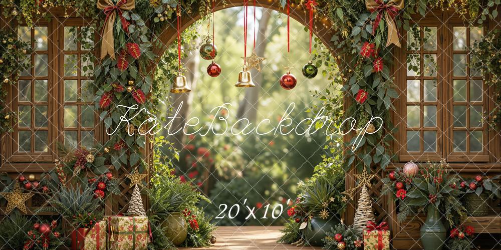 Kate Christmas Circular Arch Garland Garden Windows Presents Printed Backdrop Designed by Emetselch