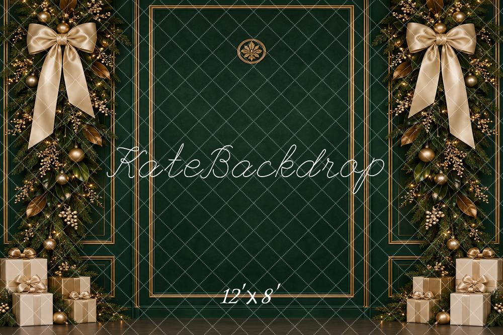 Kate Christmas Green Gold Garland Bows Gifts Printed Backdrop Designed by Vertigo Productions