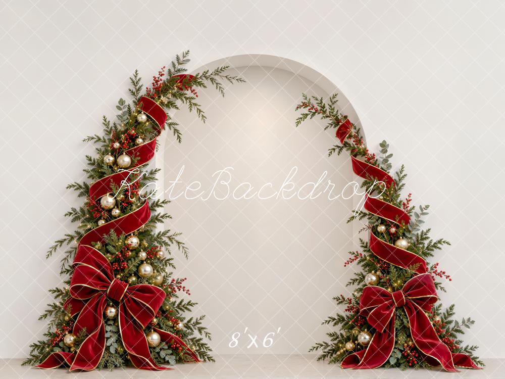 Kate Christmas Arch Red Ribbon Bow Garland White Wall Printed Backdrop Designed by Emetselch