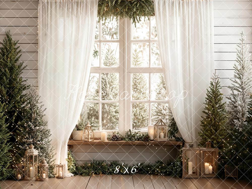 Kate Christmas Winter White Window Pine Trees Lanterns Backdrop Designed by Emetselch