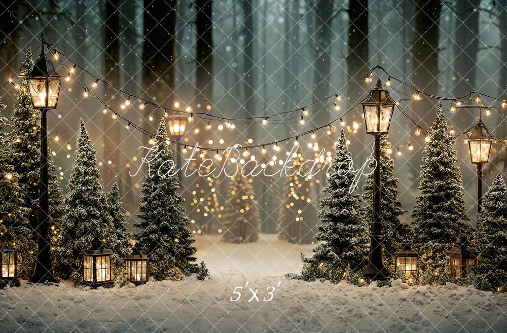 Kate Christmas Snowy Misty Forest Lantern String Lights Backdrop Designed by Emetselch