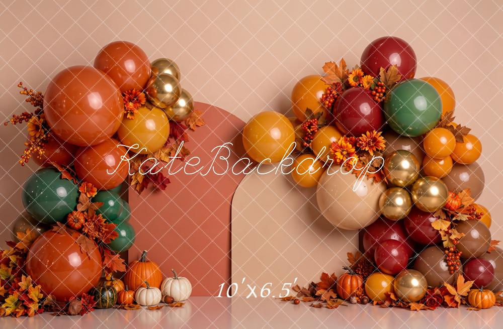 Kate Fall Birthday Balloon Arch Pumpkins Maple Leaves Printed Backdrop Designed by Emetselch