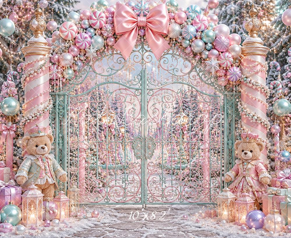 Kate Christmas Pink Candy Cane Gate Teddy Bears Kids Printed Backdrop Designed by Ashley Paul