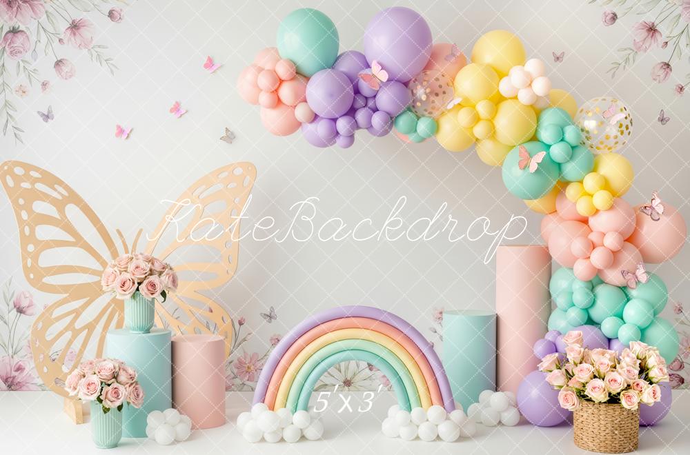 Kate Cake Smash Pastel Balloon Arch Butterfly Rainbow Flowers Printed Backdrop Designed by Patty Roberts