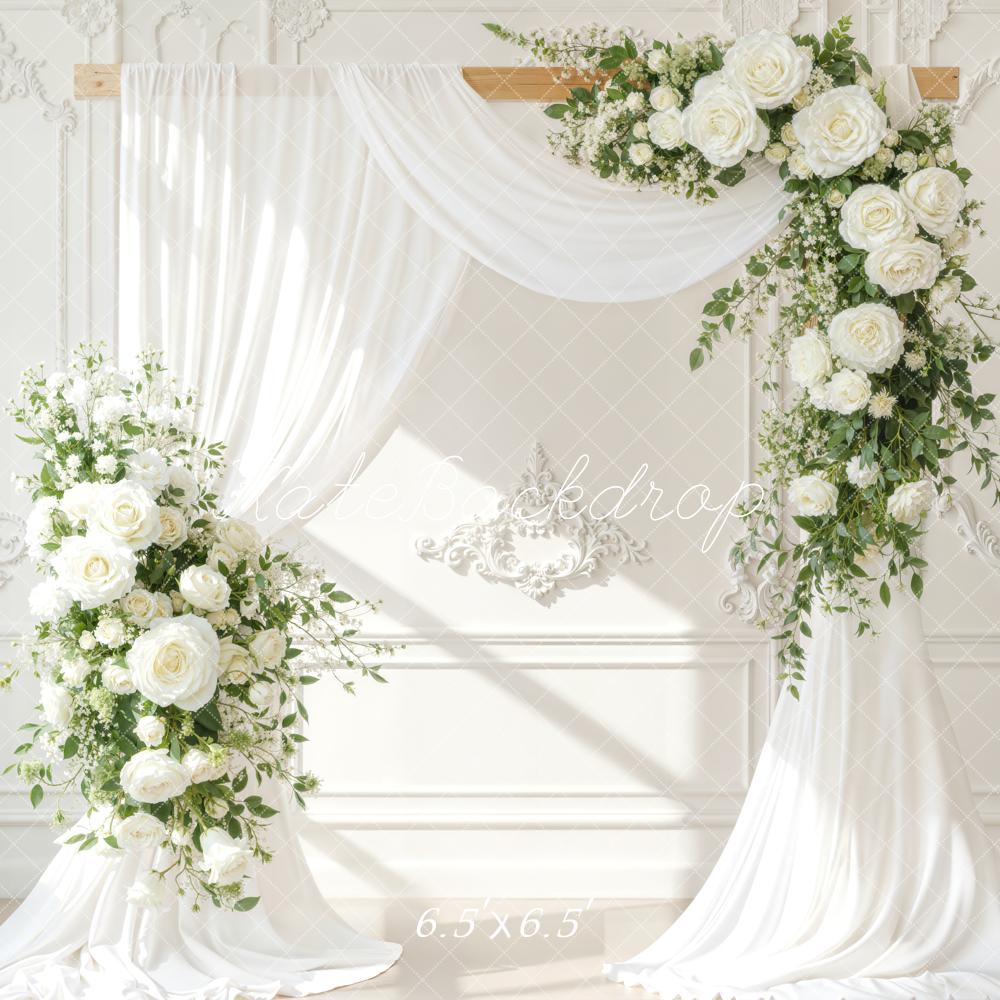 Kate Spring Wedding Flower Arch White Drapes Backdrop Designed by Emetselch