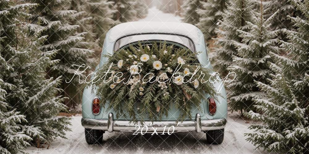 Kate Christmas Winter Vintage Car Evergreen Forest Flowers Snow Printed Backdrop Designed by Ashley Ward