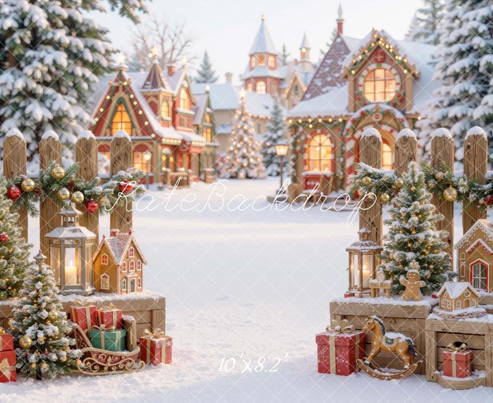 Kate Christmas Snowy Village Gingerbread Houses Printed Backdrop Designed by Mini MakeBelieve