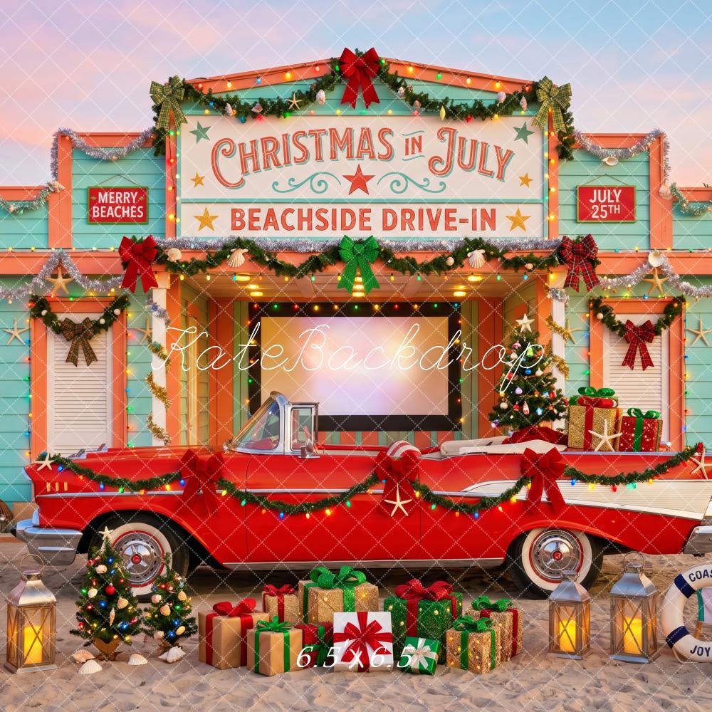 Kate Christmas in July Beach Drive-In Red Vintage Car Presents Palm Trees Printed Backdrop Designed by Patty Roberts