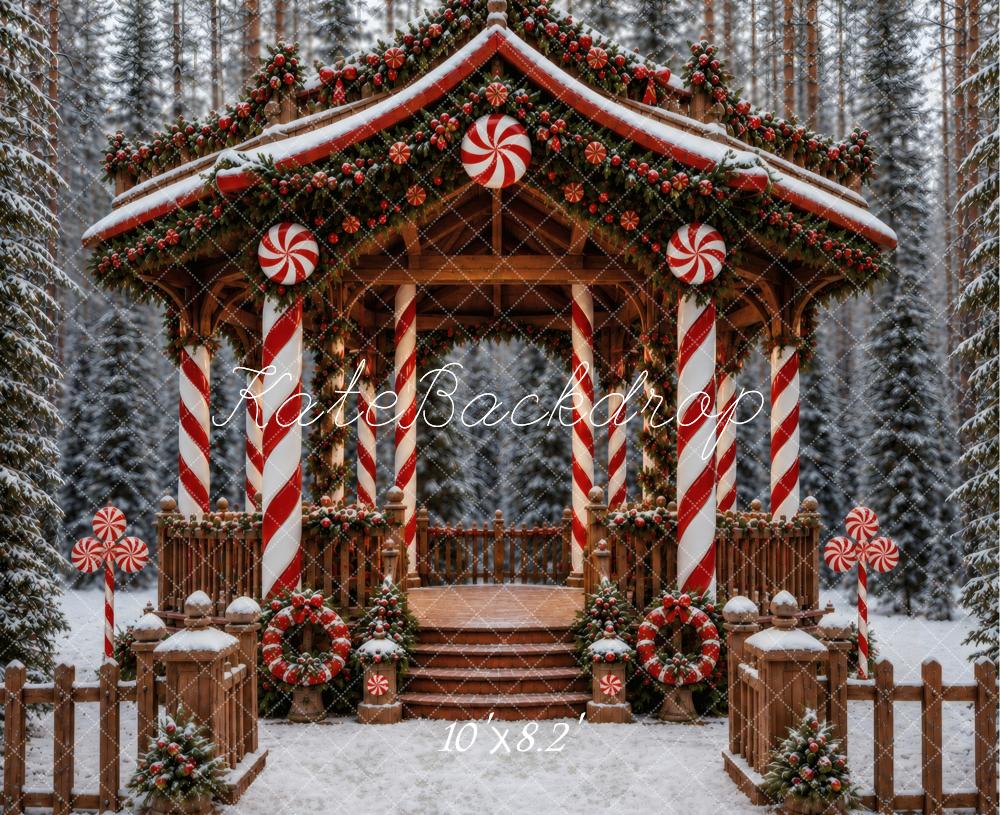 Kate Christmas Candy Cane Cabin Snowy Forest Printed Backdrop Designed by Vertigo Productions