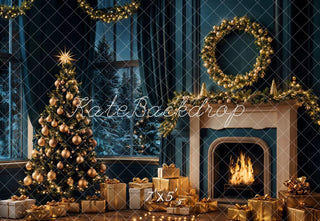 Kerstboom Nacht Openhaard Retro Foto Achtergrond Designed by Emetselch