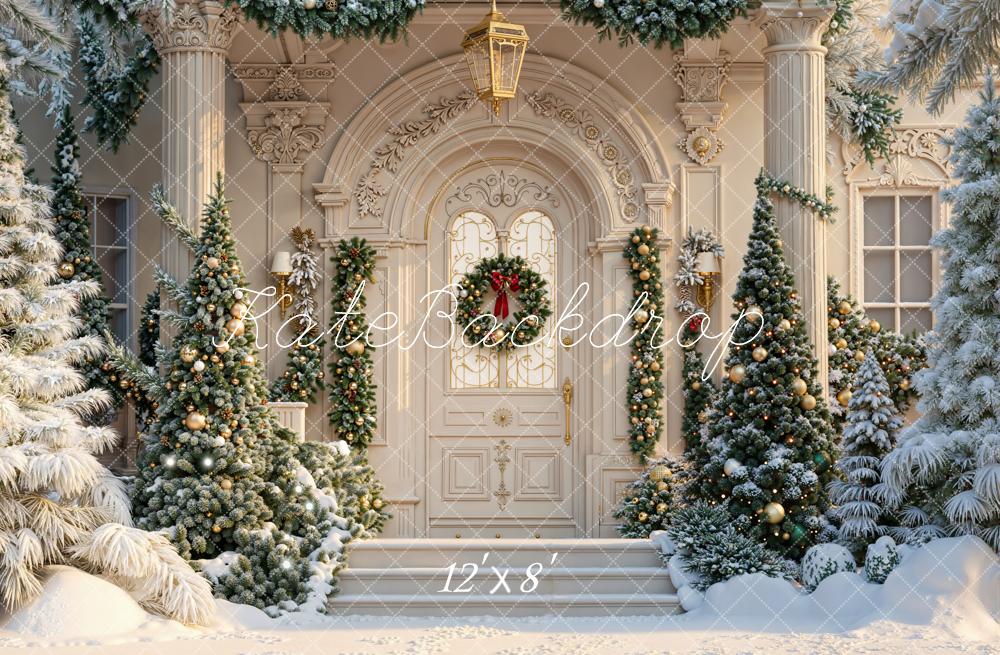 Kate Christmas Tree Snowy Mansion Door Backdrop Designed by Emetselch
