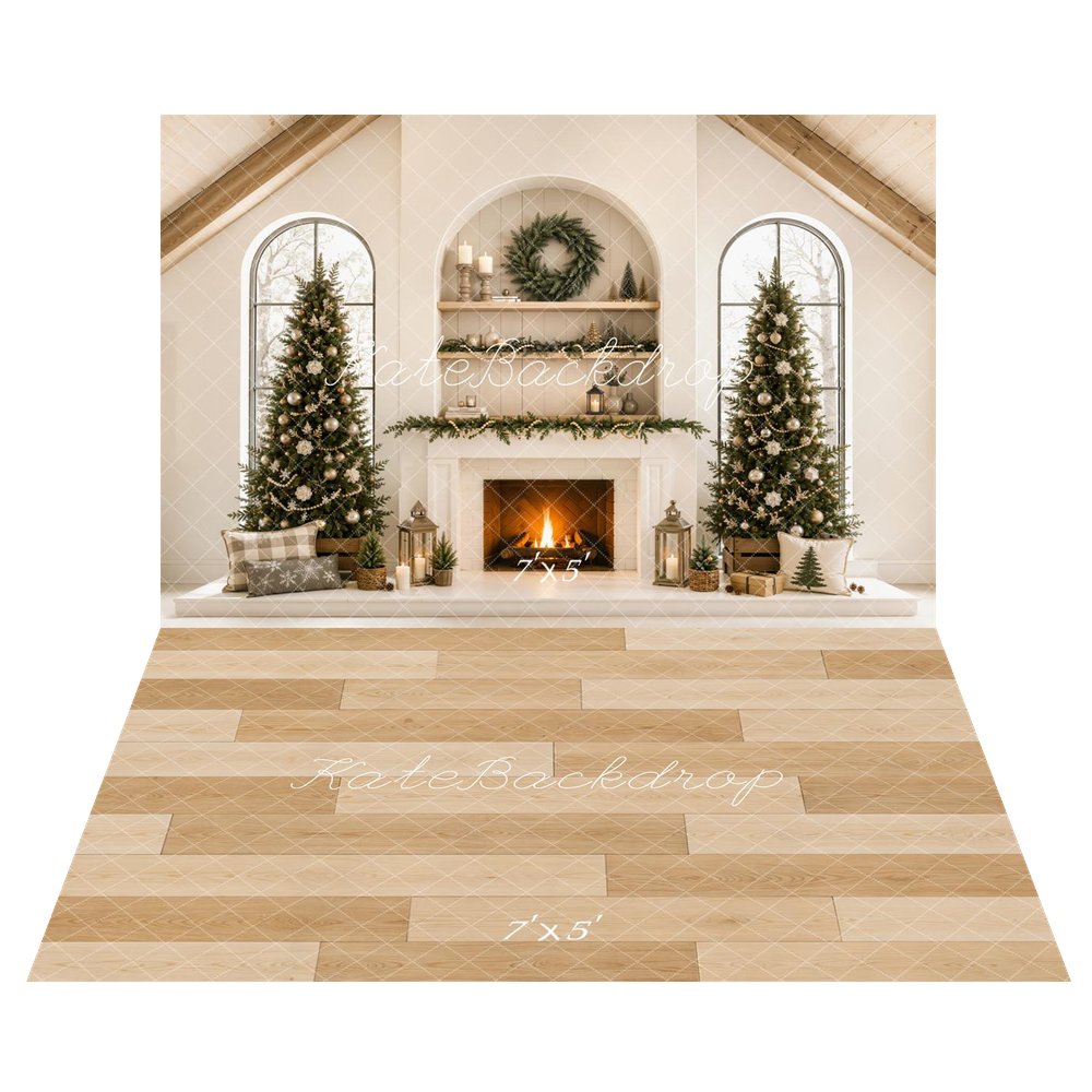 Kate Christmas Fireplace Trees Gable Roof Arched Windows Printed Backdrop+Beige Wood Plank Floor Printed Backdrop