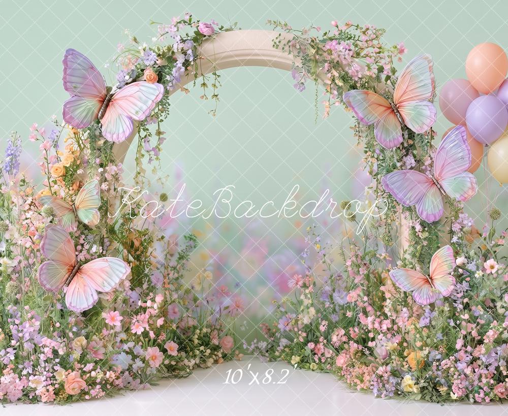 Kate Spring Cake Smash Flower Arch Butterflies Mint Green Balloons Printed Backdrop Designed by Angela Miller