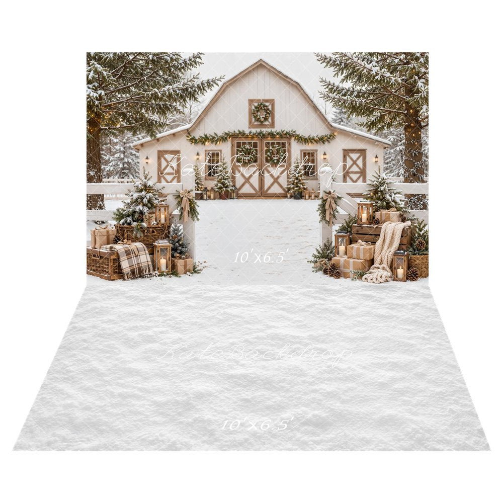 Kate Christmas Snowy White Barn Farmhouse Evergreen Gifts Plaid Printed Backdrop+White Snow Floor Printed Backdrop