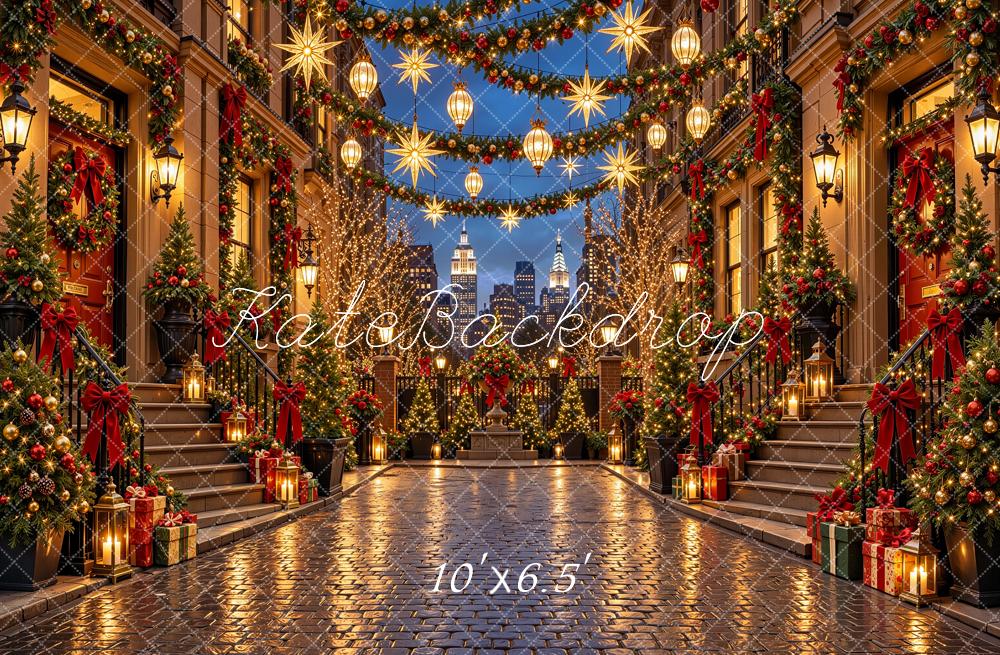 Kate Christmas Urban City Street Buildings Red Bows Garlands Lights Printed Backdrop Designed by Shutter Swan Studios