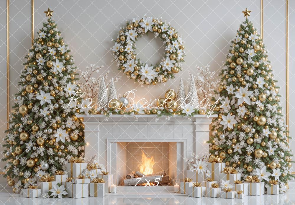 Kate Christmas White Gold Poinsettias Trees Fireplace Wreath Presents Printed Backdrop Designed by Mini MakeBelieve