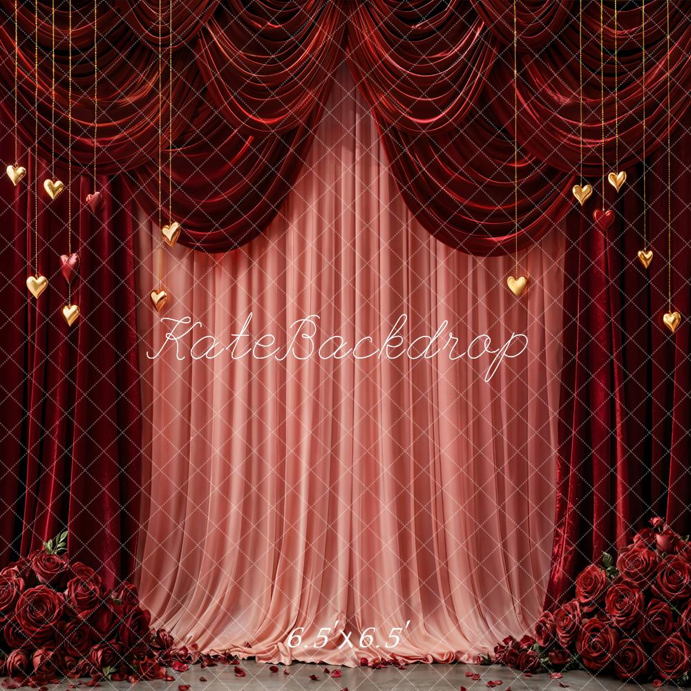 Kate Valentine's Day Red Curtains Pink Drapes Gold Hearts Roses Backdrop Designed by Emetselch