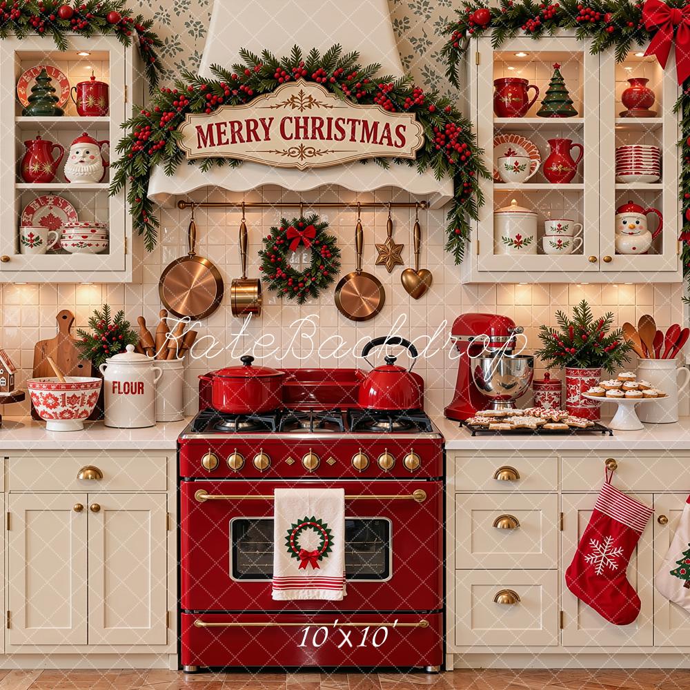 Kate Christmas Kitchen Garland White Cabinets Red Oven Printed Backdrop Designed by Shutter Swan Studios