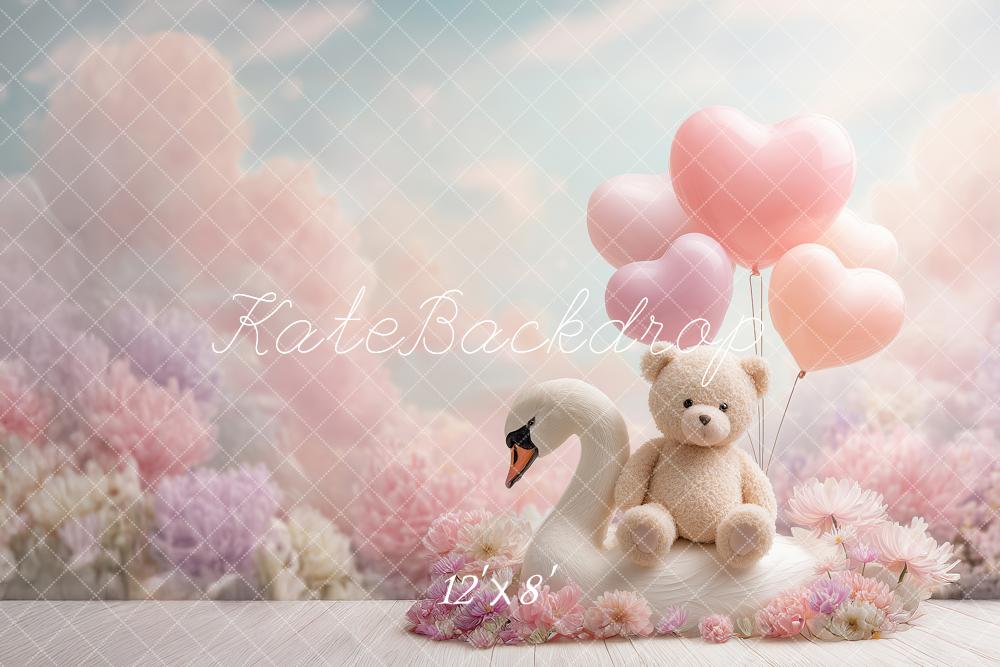 Kate Swan Teddy Bear Heart Balloons Pastel Flowers Backdrop Designed by Angela Miller