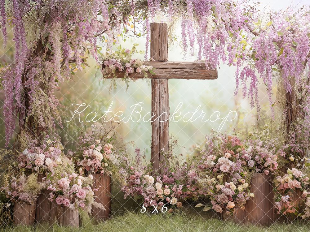 Kate Spring Wooden Cross Wisteria Flower Arch Printed Backdrop Designed by Angela Miller
