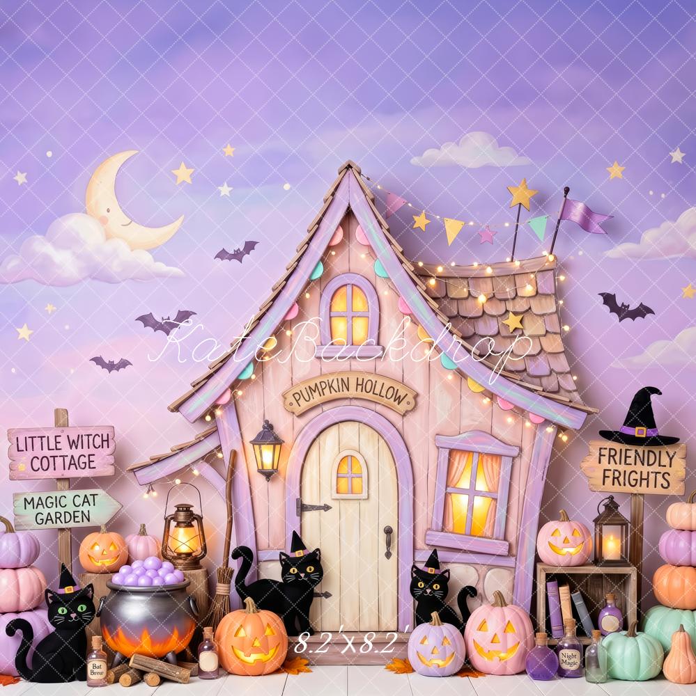 Kate Halloween Cake Smash Witch Cottage Pumpkins Black Cats Printed Backdrop Designed by Patty Roberts
