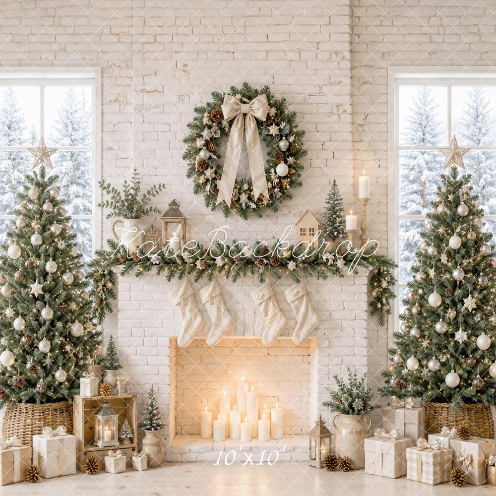 Kate Christmas Trees White Brick Fireplace Wreath Printed Backdrop Designed by Emetselch
