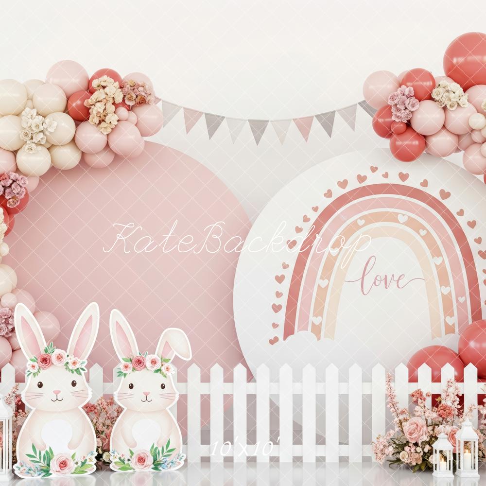 Kate Easter Bunny Pink Balloon Arch Floral Rainbow Backdrop Designed by Patty Roberts
