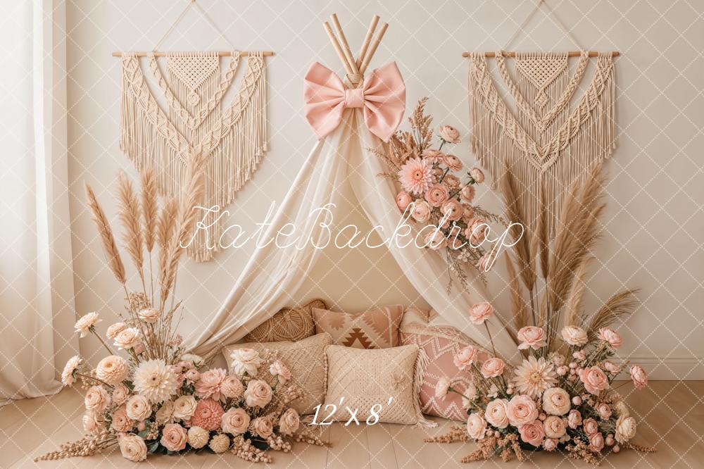 Kate Mother's Day Boho Canopy Flower Arch Macrame Bow Pink Backdrop Designed by Emetselch