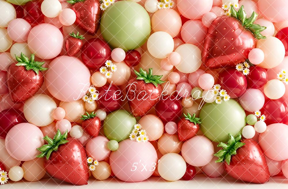 Kate Summer Strawberry Balloon Wall with Daisies Printed Backdrop Designed by Emetselch