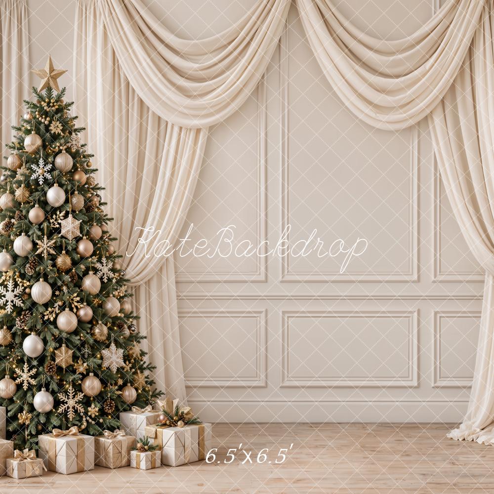 Kate Christmas Tree Gifts Draped Curtains Beige Vintage Wall Printed Backdrop Designed by Emetselch