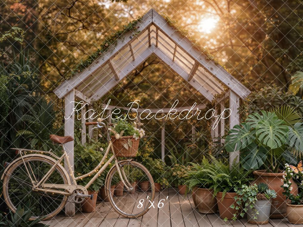 Kate Summer Garden Greenhouse Bicycle Potted Plants Printed Backdrop Designed by Emetselch