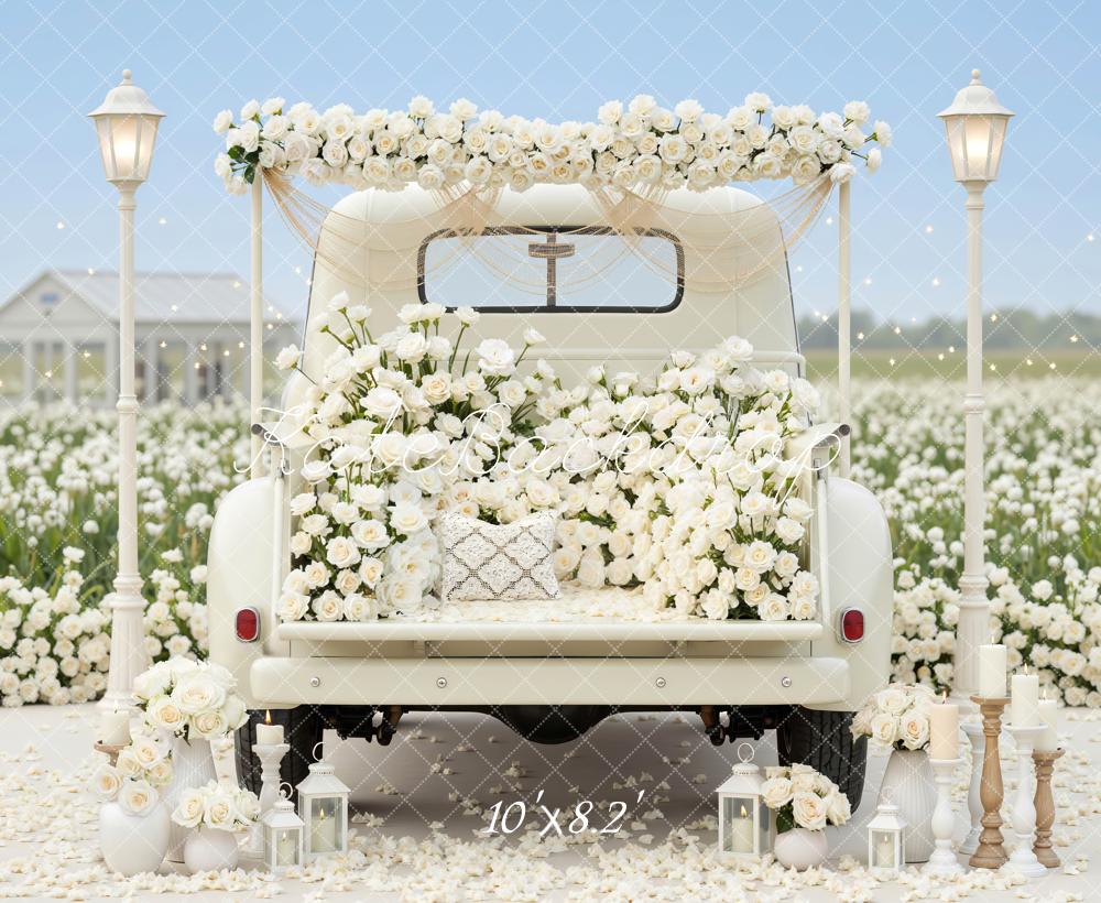 Kate Spring Wedding White Truck Flower Arch Lanterns Flowers Backdrop Designed by Mini MakeBelieve