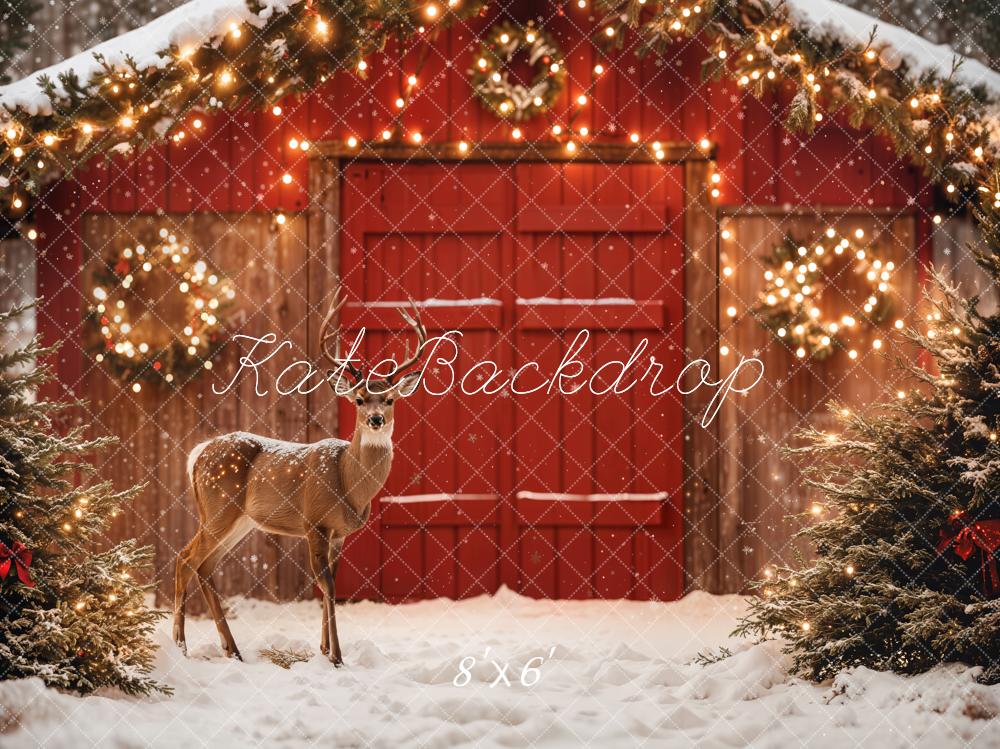 Fondo navideño de granero rojo ciervo nieve luces diseñado por Emetselch