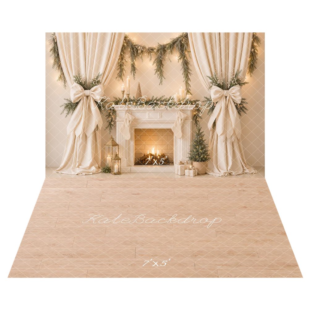 Kate Christmas Beige Fireplace Drapes Bow Garland Printed Backdrop+Light Wood Floor Printed Backdrop