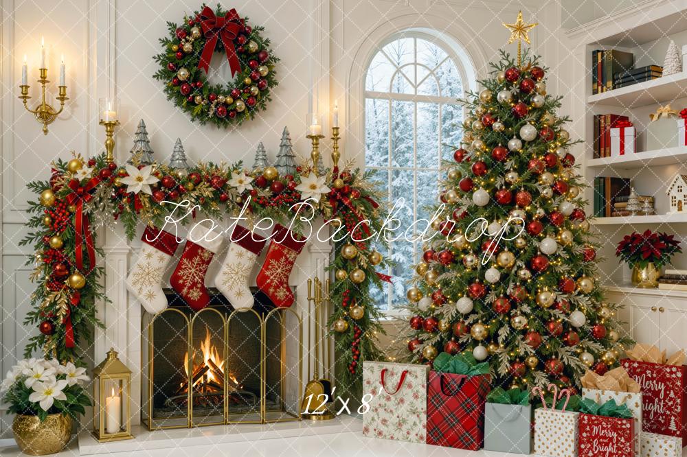Kate Christmas Fireplace Tree Wreath Garland Gift Bags Printed Backdrop Designed by Mini MakeBelieve