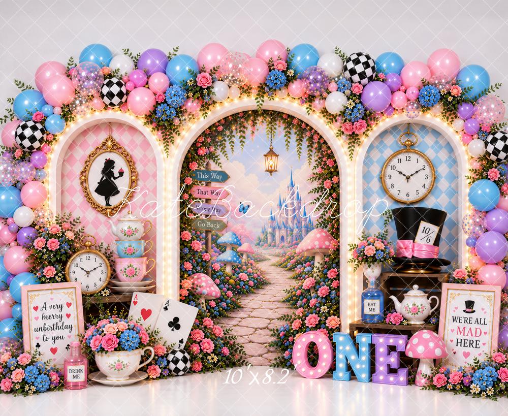 Kate First Birthday Whimsical Wonderland Tea Party Balloon Arch Printed Backdrop Designed by Ashley Paul