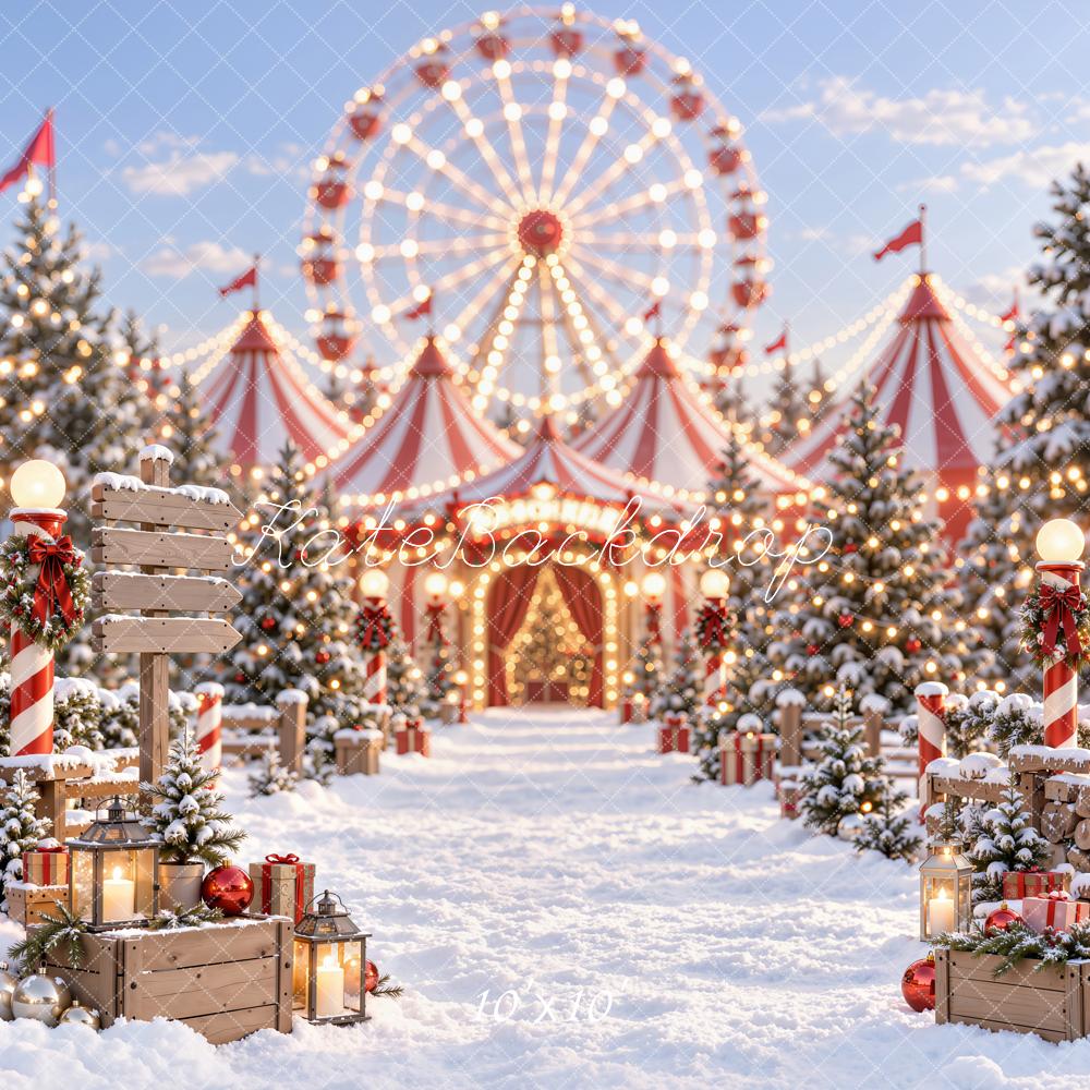 Kate Christmas Circus Ferris Wheel Snowy Trees Printed Backdrop Designed by Emetselch