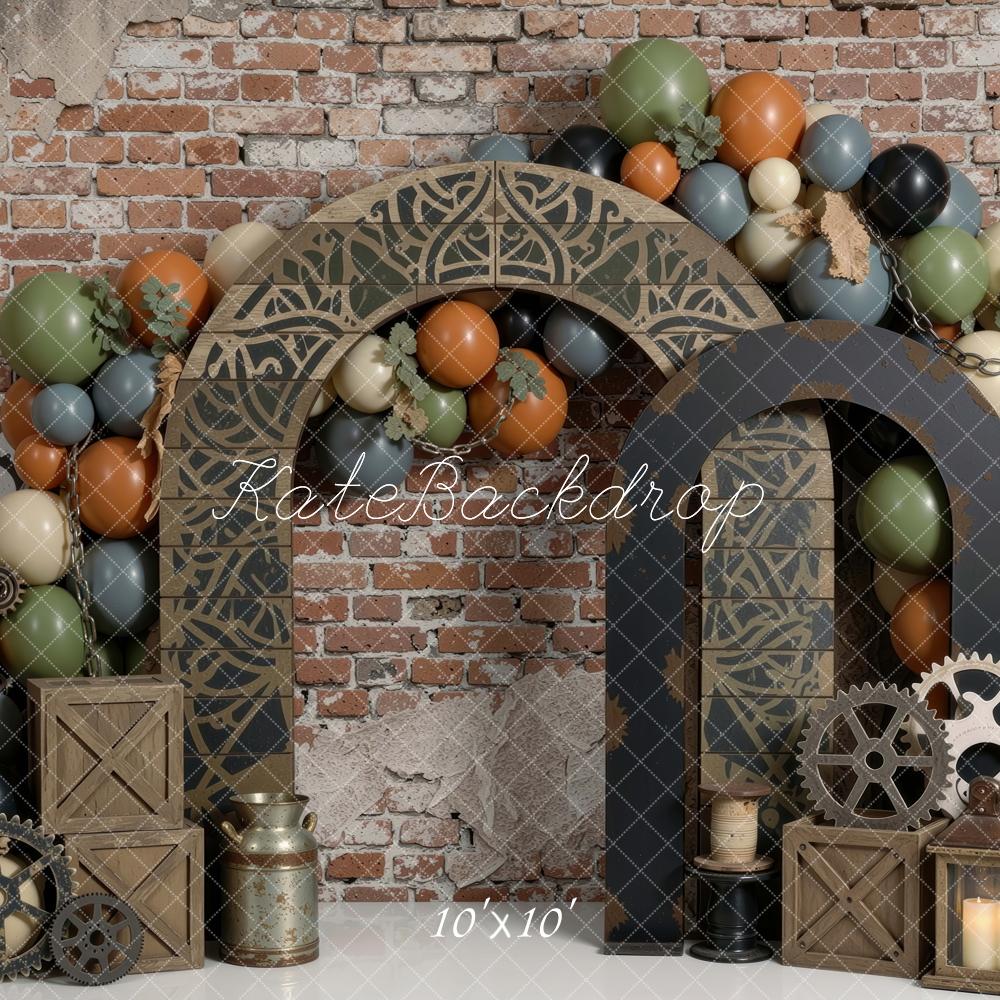 Kate Birthday Steampunk Arch Gears Balloons Brick Wall Boys Printed Backdrop Designed by Mini MakeBelieve