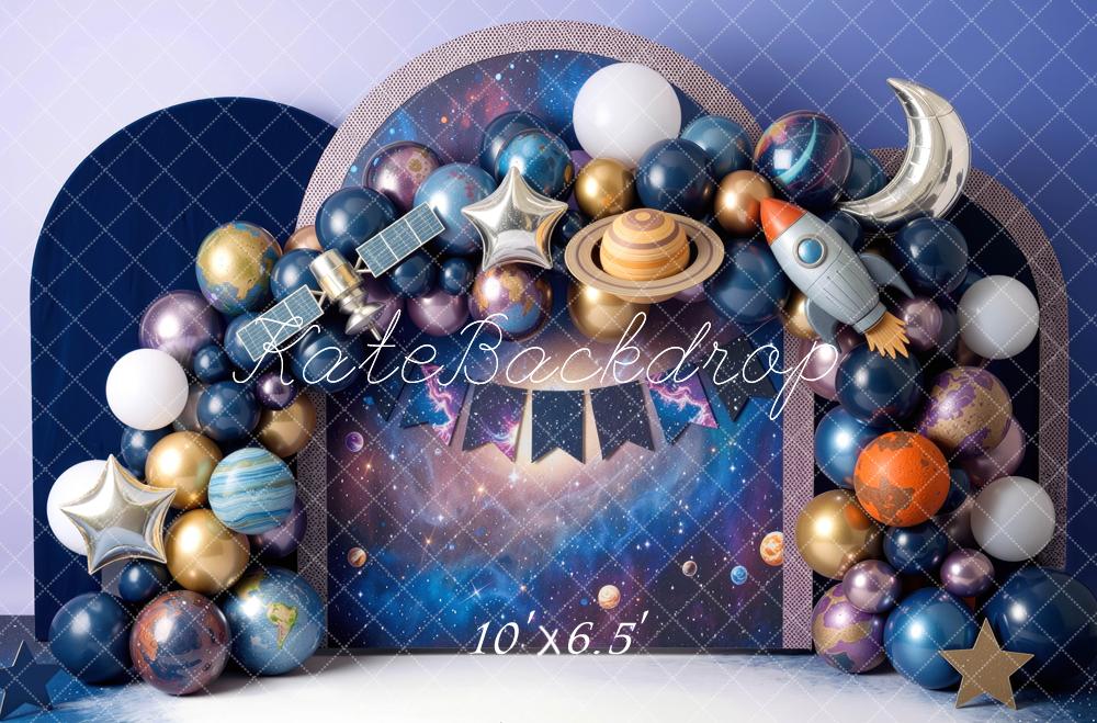 Kate Birthday Space Balloon Arch Planets Rocket Moon Printed Backdrop Designed by Mini MakeBelieve
