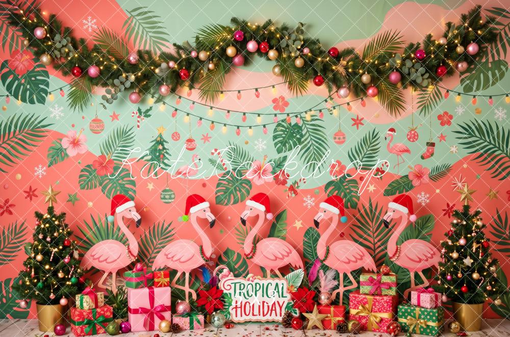 Kate Christmas Tropical Flamingo Garland Gift Boxes Printed Backdrop Designed by Patty Roberts