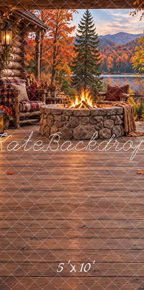 Kate Sweep Fall Cabin Fire Pit Mountain Lake Printed Backdrop Designed by Vertigo Productions