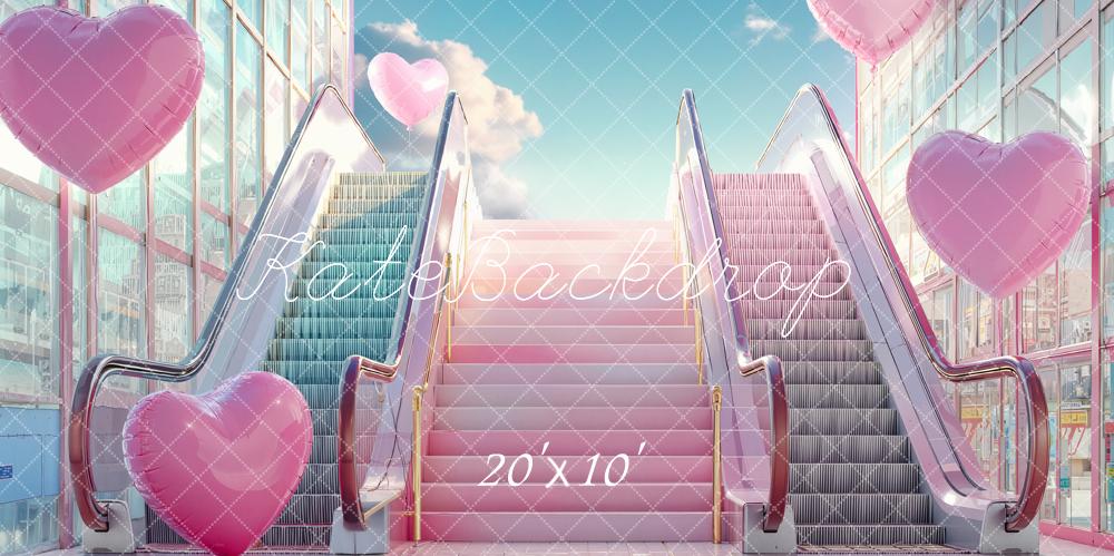 Kate Valentine's Day Pink Heart Balloons Escalator Stairs Backdrop Designed by Emetselch