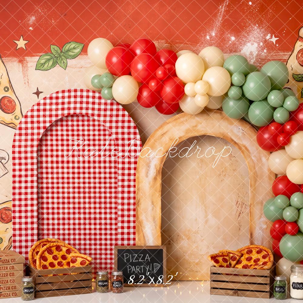 Kate Cake Smash Pizza Party Red Checkered Balloon Arch Printed Backdrop Designed by Patty Roberts